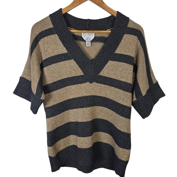 Talbots Collection Sweaters - VTG Talbots Collection Women Sweater Sz L Beige Charcoal Striped V Neck Knit Top